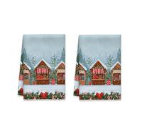 Set di 2 asciugamani da cucina con neve, motivo natalizio con case natalizie, alberi di Natale, colore rosso, per asciugare i piatti, riutilizzabili, per cucina, cucina, cucina, cucina, decorazione