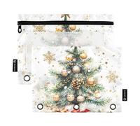 Set di 2 astucci per matite con cerniera, motivo albero di Natale, pigna, fiocco di neve, con 3 anelli, colore: beige