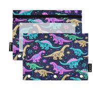 Set di 2 astucci per matite con dinosauri fluo nello spazio, per raccoglitori a 3 anelli, cerniera liscia con finestra in PVC trasparente, astuccio per forniture scolastiche