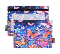 Set di 2 astucci per matite con farfalle magiche blu per raccoglitori a 3 anelli, cerniera liscia con finestra in PVC trasparente, astuccio per forniture scolastiche