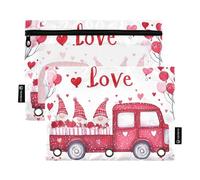 Set di 2 astucci per matite e biglietti da viaggio, impermeabili, con motivo camion di San Valentino, gnomi, palloncini rossi, 3 anelli, con cerniera, per casa e viaggio