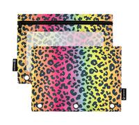 Set di 2 astucci per matite e matite con cerniera, impermeabili, con stampa leopardata arcobaleno, 3 anelli, organizer da ufficio