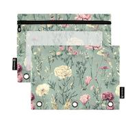 Set di 2 astucci per matite e matite con cerniera, motivo fiori garofano, cactus, verde salvia, con 3 anelli