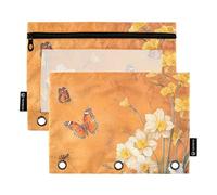 Set di 2 astucci trasparenti per documenti da ufficio, con motivo floreale, farfalle e api, in terracotta, con 3 anelli, con cerniera