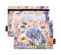 Set di 2 astucci trasparenti per trucchi, con fiori, peonie, farfalle, api, rosa, 3 anelli, con cerniera, organizer per ufficio