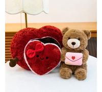 Set di 2 bambole di peluche per San Valentino, carino orsetto marrone che tiene una lettera d'amore e un cuscino a forma di cuore rosso con fiocco, bambole di peluche morbide e soffici, decorazioni pe