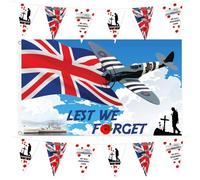 Set di 2 bandiere commemorative con scritta "Lest We Forget", 1,5 x 0,9 m e | Durevole, resistente alle intemperie, vibrante bandiera della Union Jack WW2, Spitfire Jet, nave della Royal Navy e