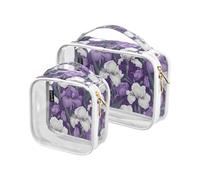 Set di 2 beauty case trasparenti decorativi approvati TSA vintage viola e bianco iris fiori multifunzionali piccola borsa cosmetica aeroporto compagnia aerea conforme de maquillaje para