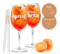 Set di 2 bicchieri Aperol regalo - Bicchieri Aperol Spritz con incisione | Cannucce di vetro | Sottobicchieri in sughero, bicchieri da cocktail, ottimo regalo