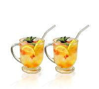 Set di 2 bicchieri da caffè, tazze in vetro, tazze da caffè, 480 ml, con manico e paglia, con bordo extra largo con struttura in rilievo, pratiche tazze per caffè e tè, trasparenti