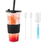 Set di 2 bicchieri in plastica con coperchio e cannuccia, 710 ml, con set di pulizia, bicchieri multiuso, bicchieri per caffè freddo, come regalo per vacanze e viaggi