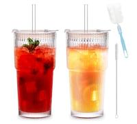 Set di 2 bicchieri in vetro con coperchio e cannuccia, pareti spesse per frullati, design aereo e impermeabile, per cappuccino, latte, tè, gelato, tè freddo, Iced Americano, latte, succo (550 ml)