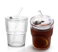 Set di 2 bicchieri in vetro con coperchio e cannuccia, pareti spesse per frullati, design aereo e impermeabile, per cappuccino, latte, tè, gelato, tè freddo, Iced Americano, latte, succo (400 ml)