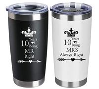 Set di 2 bicchieri per 10° anniversario di matrimonio, fidanzamento, per coppie, genitori, 567 g, in acciaio inox, isolati, tazza da viaggio Mr Right Mrs Always Right per 10 anni di anniversario