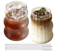 Set di 2 bicchieri per acqua scanalati da 530 ml, uno con strisce, liscio, bicchieri per latte macchiato, bicchieri da caffè freddo con 2 cannucce e spazzola per canna