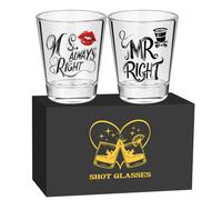 Set di 2 Bicchierini da Shot in Vetro, 60 ml Tumbler, Mr Right and Ms. Always Right Modello, con Confezione Regalo, per Tequila, Vodka, Whisky, Brandy, Matrimoni, Feste, Anniversari, San Valentino
