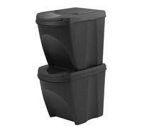Set di 2 bidoni cestini SortiBox impilabili raccolta differenziata in plastica ECO con 33% legno 50 litri (2x25L) da riciclaggio Antracite pattumiera per interni casa da cucina