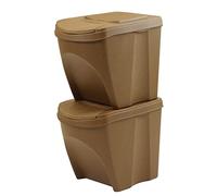 Set di 2 bidoni cestini SortiBox impilabili raccolta differenziata in plastica ECO con 33% legno 50 litri (2x25L) da riciclaggio Natura marrone pattumiera per interni casa da cucina
