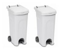 Set di 2 Bidoni Immondizia 80 Litri bianco con Ruote Pedale e coperchio Pattumiera Differenziata da Esterno e Interno Anello Ferma Sacco Contenitore Rifiuti per Giardino Cucina e Mense Made in Italy