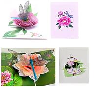 Set di 2 biglietti pop-up con libellula, 3D Happy Birthday Pop Up Cards, 3D libellula e loto o peonia, carta pop up natura, tutte le occasioni, pensando a te, amante, ragazze, moglie, mamma, set 12