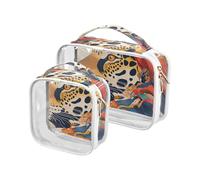 Set di 2 borse da toilette trasparenti trasparenti con leopardo rosso ara ara tropicale colorato borsa da toeletta approvata TSA borsa multifunzionale per pennelli da trucco kit da barba da uomo