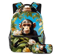 Set di 2 borse per la scuola con astuccio, con scimmia e fiore, il tuo compagno affidabile per libri da viaggio, Multicolore, B：29.4x20x40cm P：19x7.5x3.8cm, Zaini Daypack