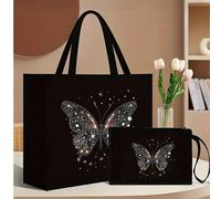 Set di 2 borse tote con stampa farfalla rosa, in iuta resistente con motivo alla moda, inclusa una pratica pochette portamonete, perfetta per lo shopping, viaggi e avventure in spiaggia, borsa multifu