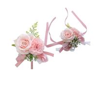 Set di 2 bouquet da polso con fiori artificiali da 7,6 cm, rosa artificiale e garofano da polso e da uomo, fiori di seta fatti a mano, per matrimoni, accessori per abiti da ballo (rosa)