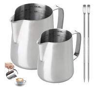 Set di 2 bricco per latte in acciaio inox, 350 ml e 600 ml, con marcatori di misurazione e penna, per cappuccino, espresso e barista