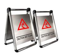 Set di 2 cartelli di avvertimento per pavimenti bagnati, in acciaio inox, colore giallo, con scritta in inglese "Caution Wet Floor", segnale di avvertimento autoportante per uffici, centri