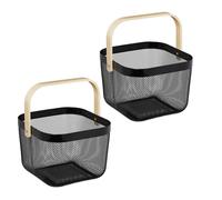 Relaxdays Cestino Metallico Portaoggetti a Rete Quadrato, Set 2 Cesti con Manico in Bambù, HLP: 17,5x26x24,5 cm, Nero