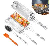 Set di 2 cestini per barbecue con manico in acciaio inox, design apribile lateralmente, con spazzola per la pulizia, accessori per barbecue, per verdure, carne e frutti di mare sulla griglia esterna