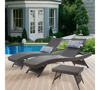 Set di 2 chaise longue in rattan sintetico con tavolino, sedie reclinabili lunghe 200 cm, chaise longue in vimini reclinabile, per patio, bordo piscina, prato, giardino