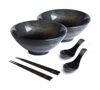 Set di 2 ciotole Ramen in ceramica giapponese Ramen Bowl con bacchette e cucchiaio,Stoviglie in porcellana stile asiatico Insalatiera istantanea,1200 ml, nero