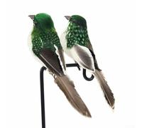 Set di 2 clip decorative artificiali a forma di passero piumato, per matrimoni, casa, giardino, con occhi 3D realistici, in schiuma, clip in ferro leggero (verde)