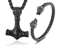 Set di 2 collane con ciondolo vichingo norvegese per uomo/donna, collana classica in acciaio inox nero collana vichinga per uomo, amuleto runico, regalo vichingo per uomo (braccialetto lupo e collana