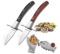 Set di 2 coltelli per sgusciare ostriche, robusto coltello da ostrica affilato con comodo manico in legno, kit per sgusciare ostriche con 1 paio di guanti protettivi di livello 5 resistenti al taglio