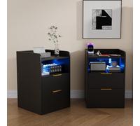 Set di 2 comodini con funzione di ricarica, comodini in legno RGB con USB e tipo C, tavolino con luce in 24 colori, comodino moderno con 2 cassetti per camera da letto (nero, 40 x 40 x 60 cm)