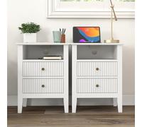 Set di 2 comodini scanalati, ampio comodino con 2 cassetti, alto 58,4 cm, in legno, con contenitore, comodino moderno con maniglia dorata, per camera da letto, soggiorno, casa, ufficio, bianco