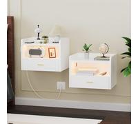Set di 2 comodini sospesi, in legno, con cassetto, stazione di ricarica, presa AC/2 porte USB, comodino sospeso, con striscia luminosa a LED, per camera da letto, soggiorno, 40 x 30 x 30 cm