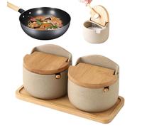 Set di 2 contenitori per sale, coperchio in legno rimovibile, base in legno, set di barattoli per sale e zucchero con cucchiaio, in ceramica, per case, bar, hotel e ristoranti