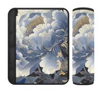 Set di 2 copri cinghie per seggiolino auto in stile giapponese, con fiori di peonia blu e bianchi, dettagli dorati, per maggiore comfort di guida, cuscinetti per cintura per seggiolino auto per zaino