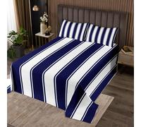 Set di 2 copriletto a righe blu navy, per letto singolo, motivo patchwork a righe, motivo geometrico astratto, bianco e blu navy, copriletto trapuntato con 1 federa, decorazione per la stanza dei