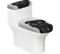 Set di 2 copriwater con carlino nero carino con coperchio del serbatoio, elastico per WC a forma di U e allungati, decorazione per il bagno, regalo di inaugurazione della casa