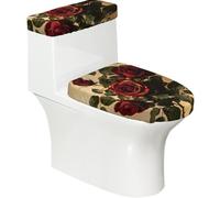 Set di 2 copriwater elastici con stampa di rose rosse, coperchio e copertura per serbatoio per bagno, decorazione morbida e lavabile a forma di U