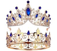 Set di 2 corone da ballo per re e regina da uomo, corona reale con strass blu, corone da donna, tiara, copricapo, per matrimoni, Halloween, feste di ritorno a casa, decorazioni per feste