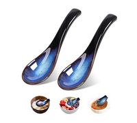 Set di 2 cucchiaini da zuppa in stile giapponese, in ceramica, per zuppe cinesi, cucchiaini da zuppa asiatica blu, in porcellana, Udon Pho Wonton, adatto alla lavastoviglie