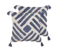 Set di 2 cuscini cotone motivo geometrico nappe 45 x 45 cm beige e blu Jacaranda