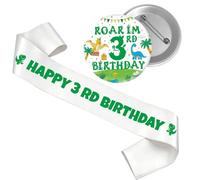 Set di 2 decorazioni per il 3° compleanno per ragazzo, decorazioni a tema dinosauro con fascia per il 3° compleanno ruggito I'm 3rd badge per ragazzi di tre anni