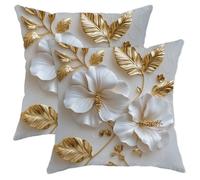 Set di 2 eleganti federe per cuscini con fiori bianchi e oro, bellissimi cuscini decorativi floreali per casa, divano, decorazione primaverile 45,7 x 45,7 cm